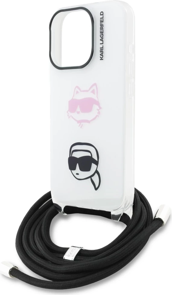 Mbështjellës crossbody Karl Lagerfeld Karl&Choupette Head për iPhone 16 Pro Max, me rrip, i bardhë, në kuti