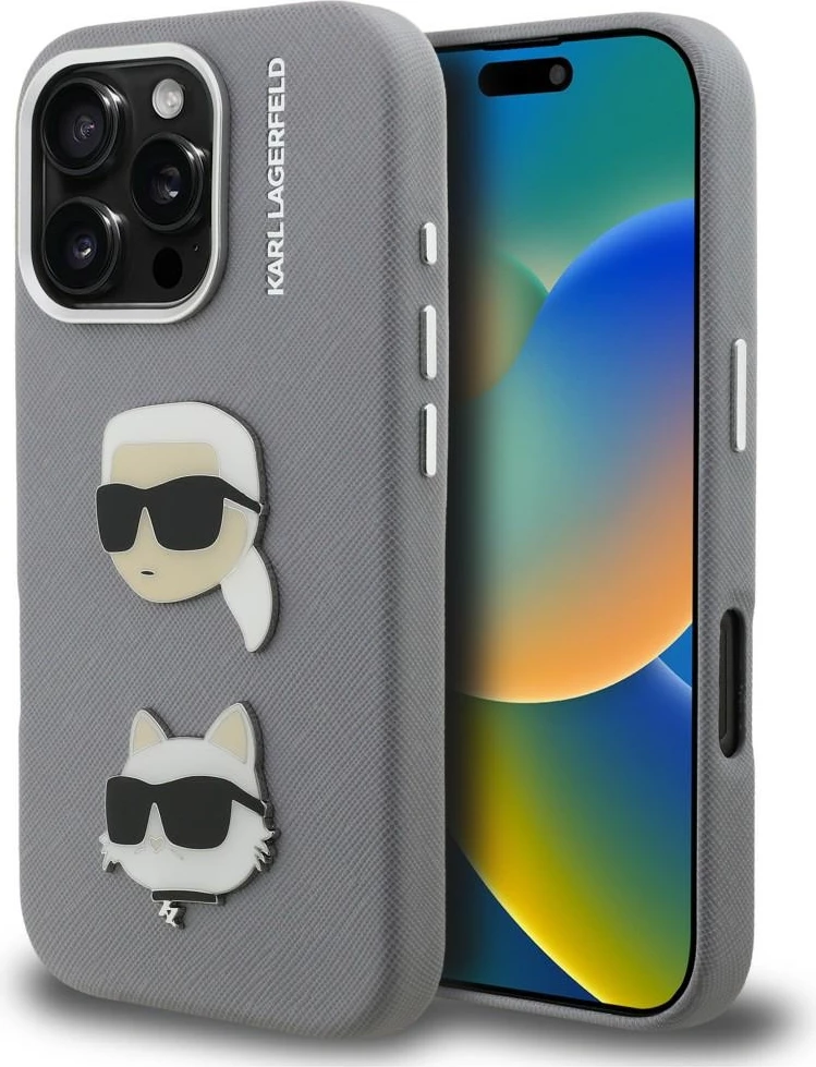 Mbështjellës Karl Lagerfeld FW Grained Karl & Choupette Heads Pins & Logo për iPhone 16 Pro Max, eco-lëkurë/TPU/PC, gri