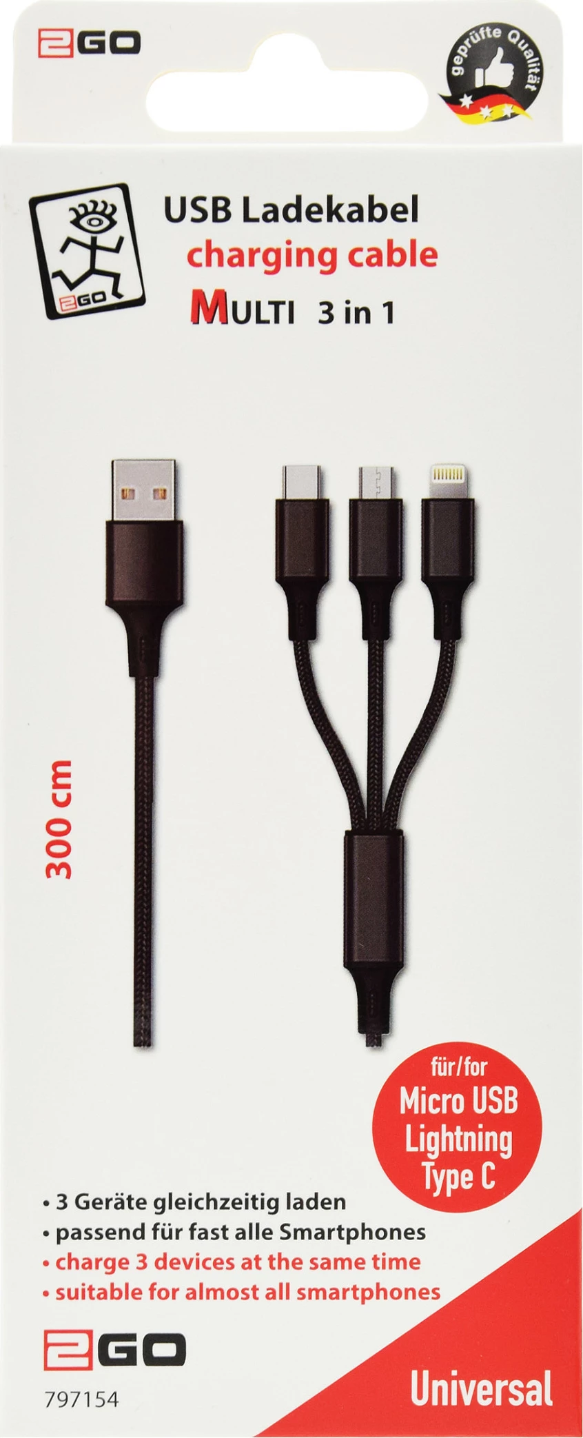 Kabllo karikimi 2GO 797154, 3m, USB në USB-C/Micro-USB/Lightning, 3A, e zezë
