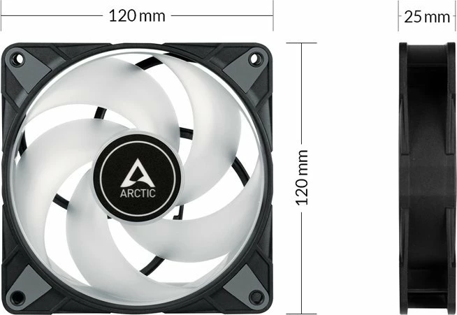 Ventilatorë për kasë PC Arctic P12 PWM PST RGB 0dB 120mm 3-pack + hub, bardh/zi