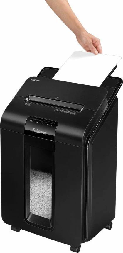 Grirëse dokumentesh Fellowes AutoMax 100M, mikro-prerje 4 x 10 mm, P-4, shportë 23 L, auto feeder 100 fletë, e zezë