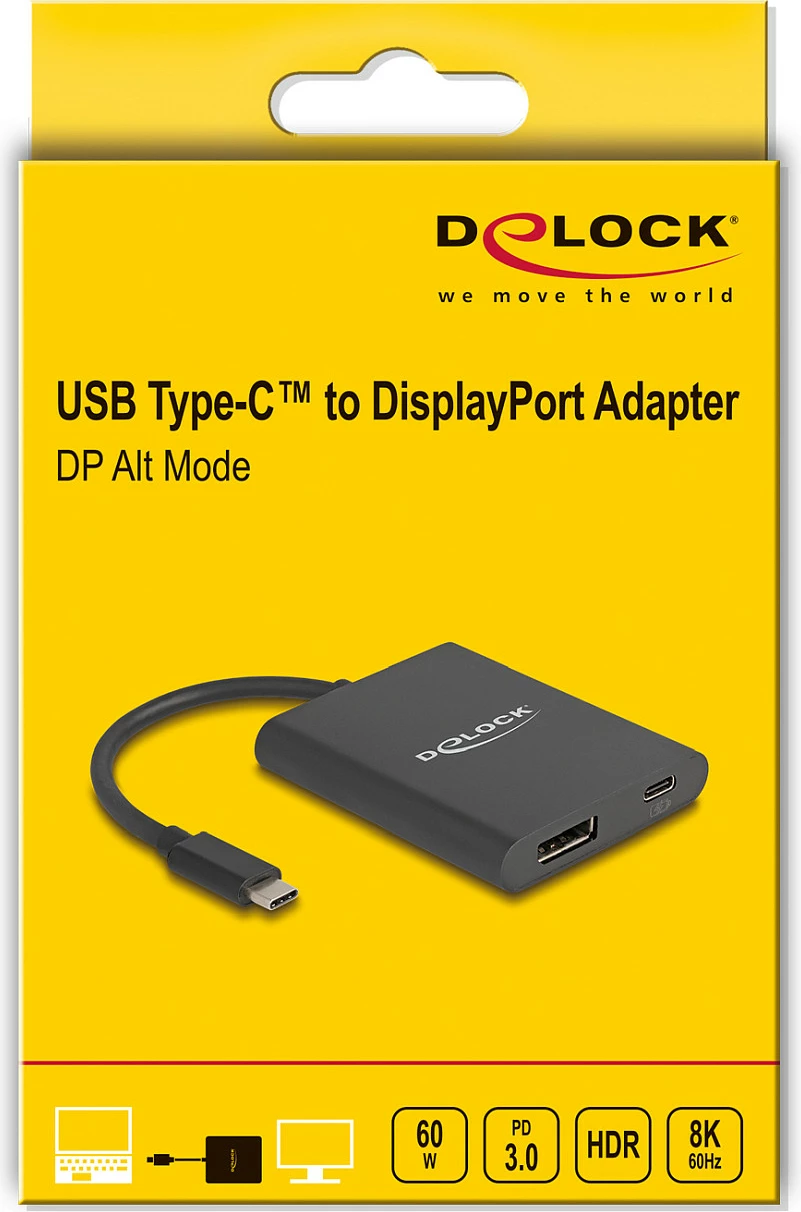Adapter USB-C në DisplayPort DeLOCK, 8K HDR, PD 60W, 144Hz, i zi