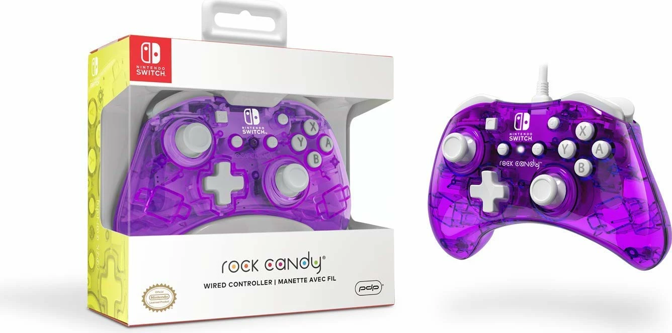 Kontroller PDP Rock Candy Mini Stormin' Cherry për Nintendo Switch, i lidhun me kabllo USB 4 m, transparent vjollcë