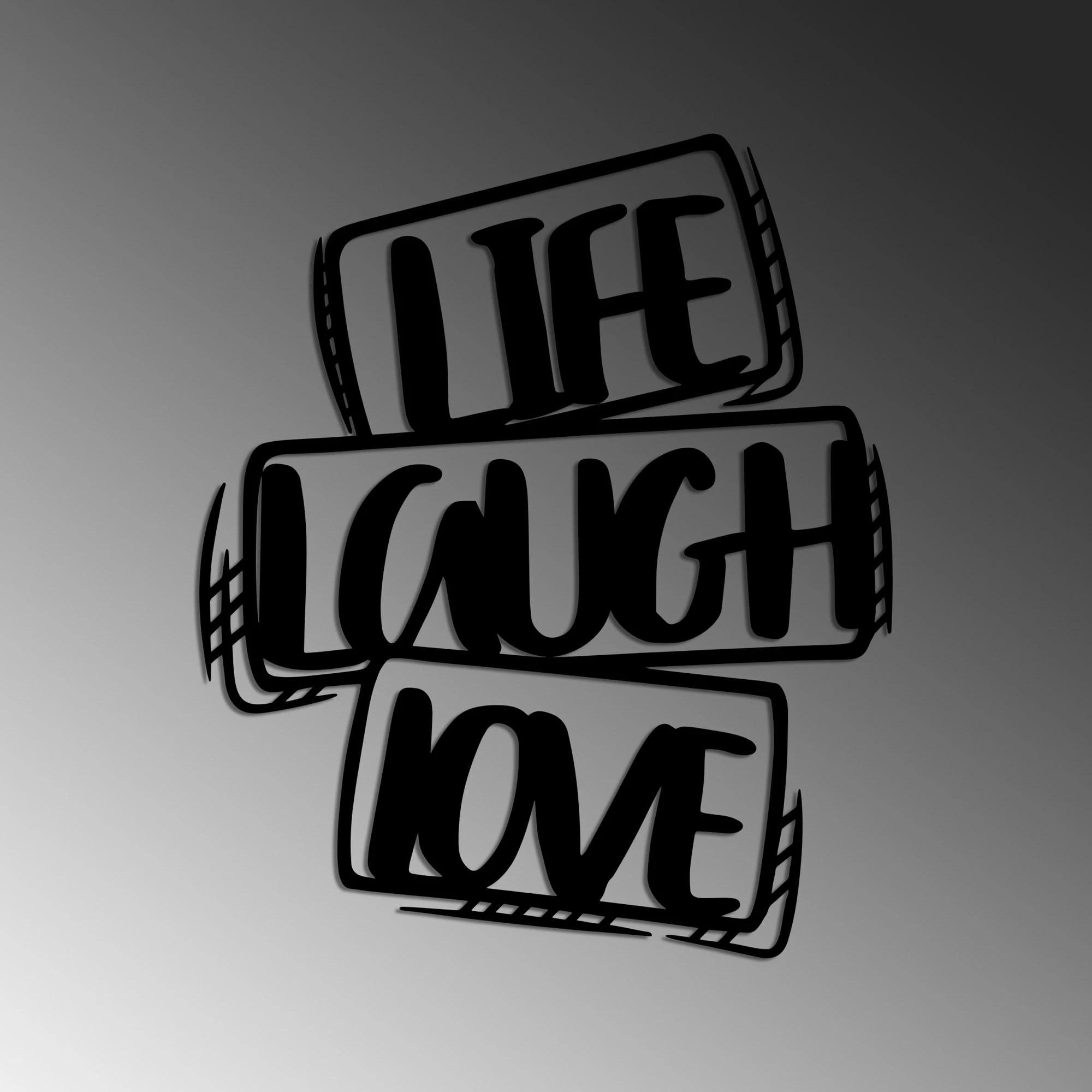 Aksesor dekorativ metalik për mur, Life Laugh Love, ngjyrë e zezë, 40x47cm