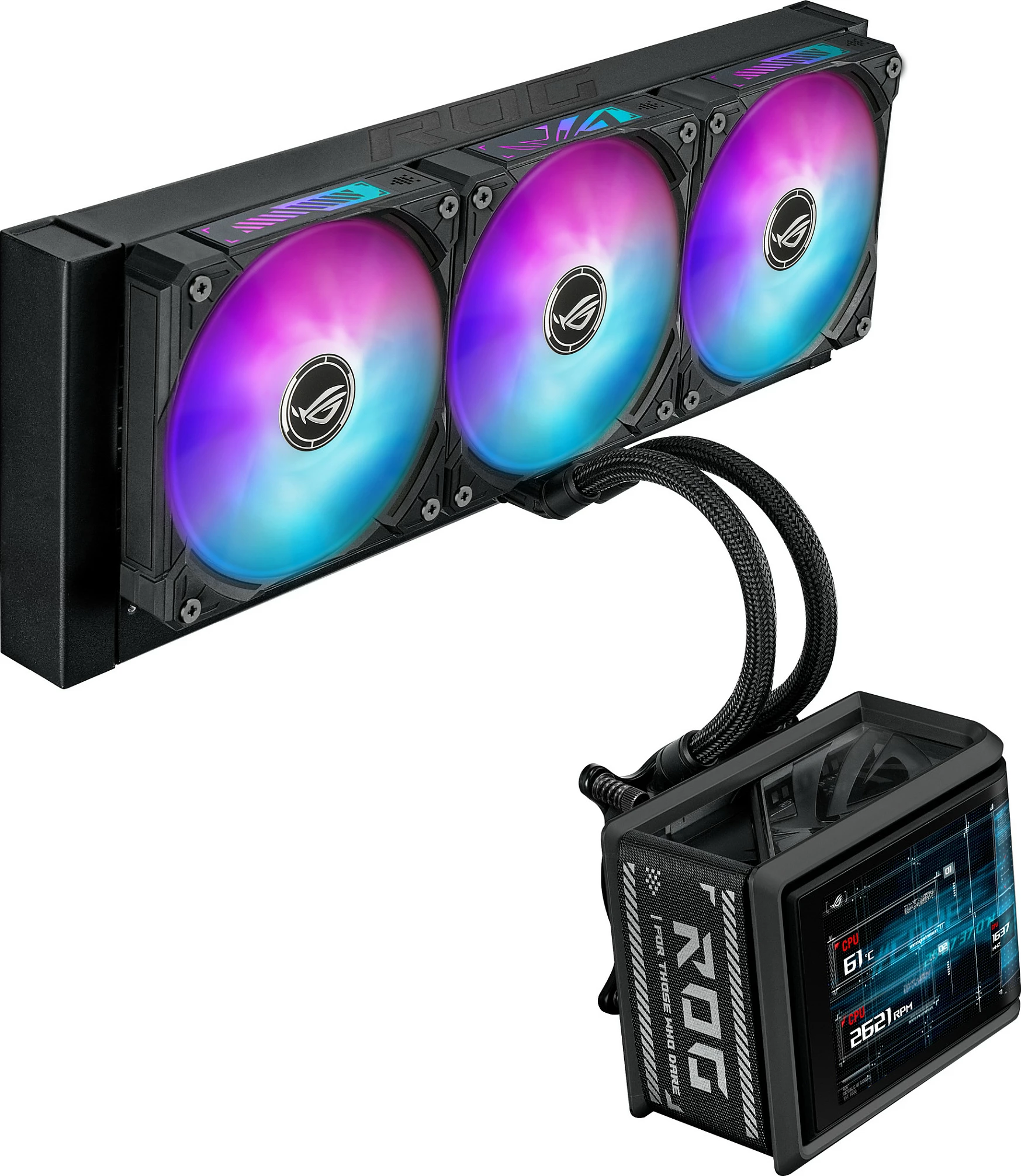 Ftohës uji AIO ASUS ROG RYUO IV SLC 360 ARGB, 3x120mm, AMOLED display, Intel/AMD, i zi