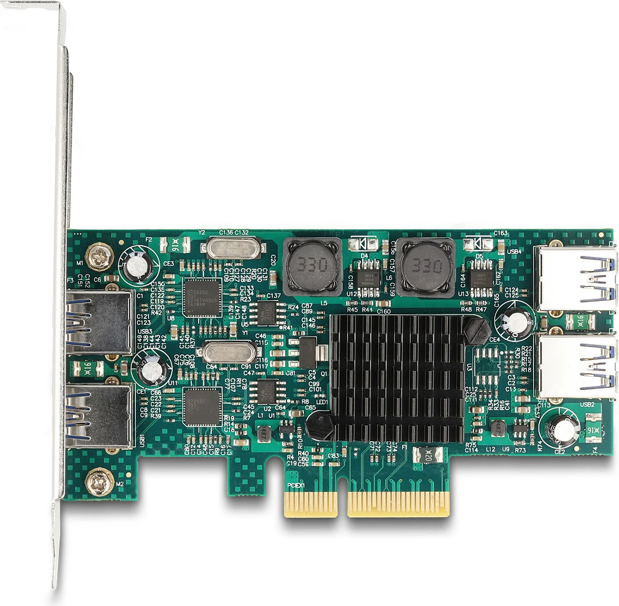 Kartë zgjerimi PCIe DeLOCK, 2x USB-A të jashtme + 2x USB-A të brendshme, USB 3.2 Gen 1 5Gbps, Dual Channel, full-height/low-profile, gjelbër/argjend