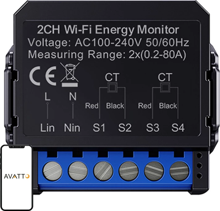 Matës energjie smart Wi‑Fi dykanalësh, Avatto WPM16-2, 0.2-80A, AC 100-240V, Tuya Smart Life, me sensor CT