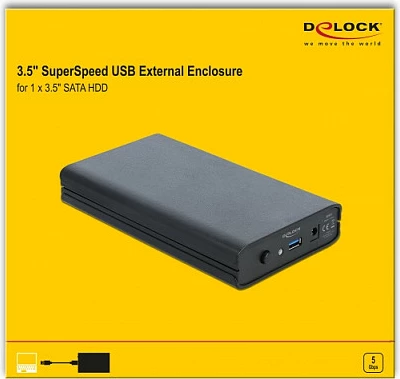 Kasë e jashtme DeLOCK për HDD 3.5" SATA, USB 3.2 Gen 1, 5 Gbit/s, e zezë