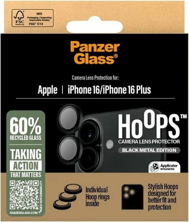 Mbrojtës lentash PanzerGlass Hoops për iPhone 16/16 Plus, i zi