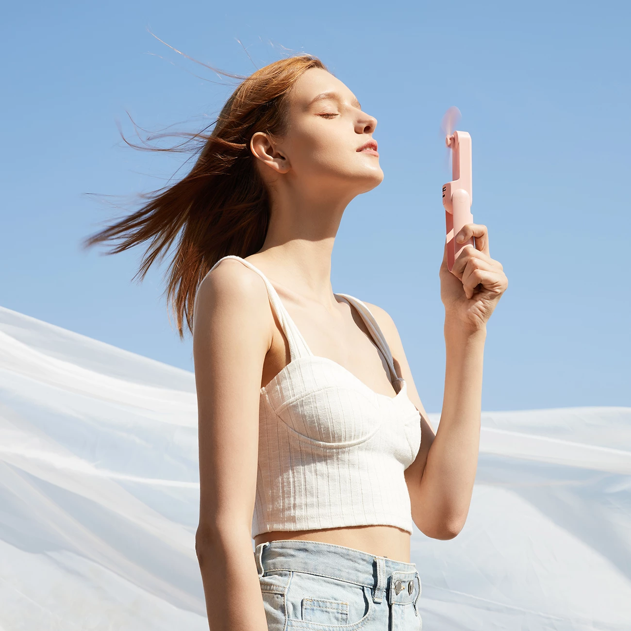 Ventilator dore Jisulife Handheld Fan Life8, 2000 mAh, me power bank dhe dritë LED, Rozë