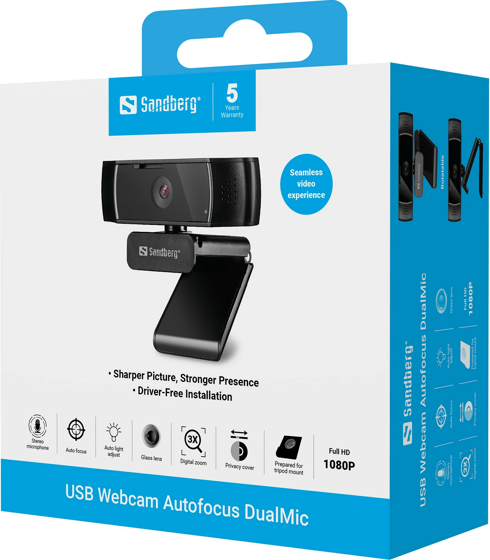 Webcam Sandberg USB Autofocus DualMic, Full HD 1080p, 30fps, me kapak privatësie, e zezë