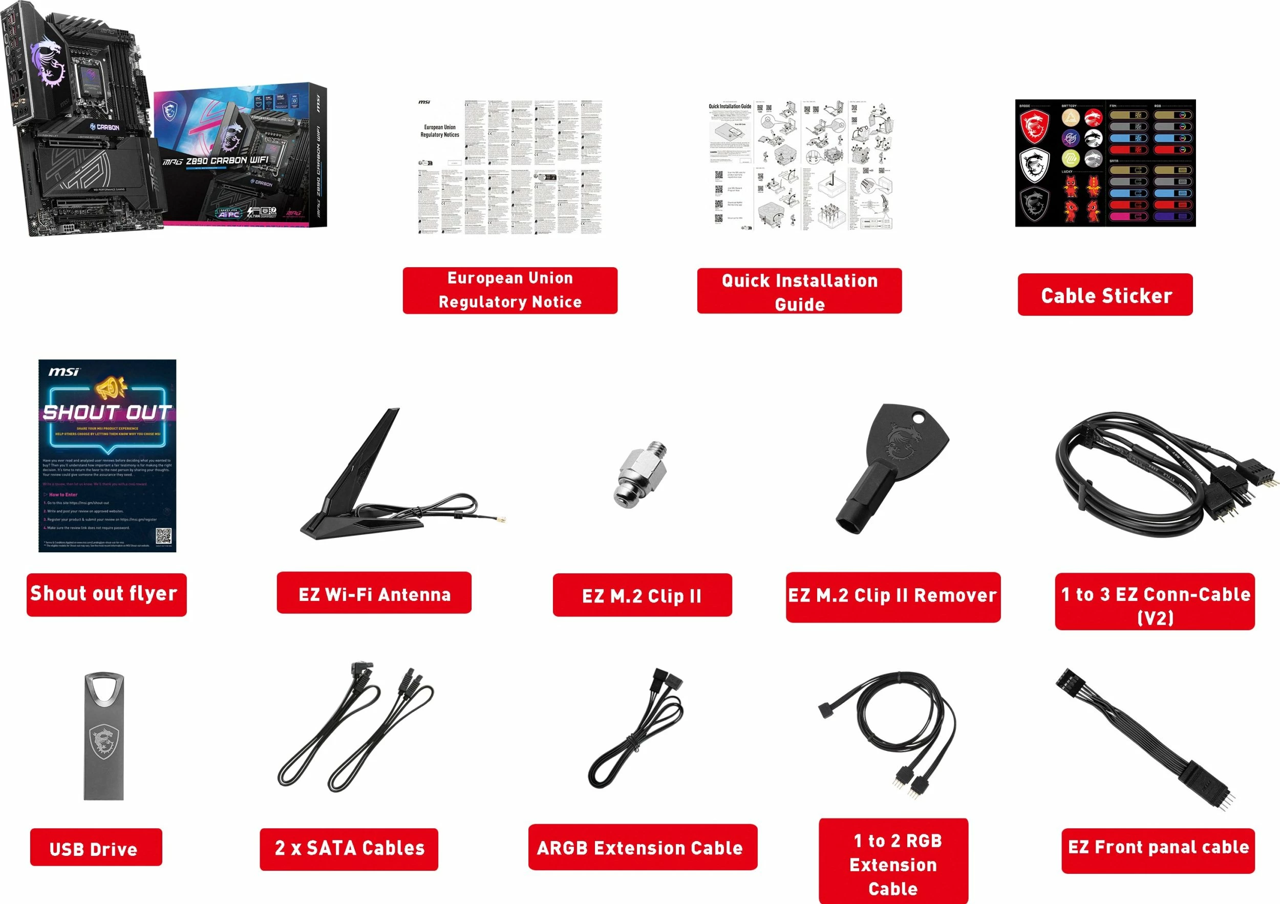 Pllakë amë MSI MPG Z890 CARBON WIFI, ATX, DDR5, Wi‑Fi 7, PCIe 5.0, e zezë, set me antenë WiFi + 2x kabllo SATA + pendrive
