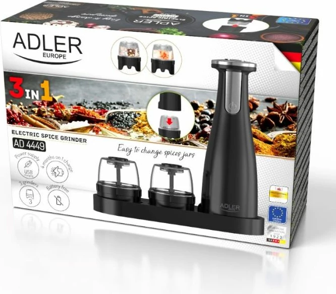 mulli elektrik kripë/piper Adler AD4449b, 3 grirës të ndërrueshëm, 150 ml, USB-C, mat i zi, set