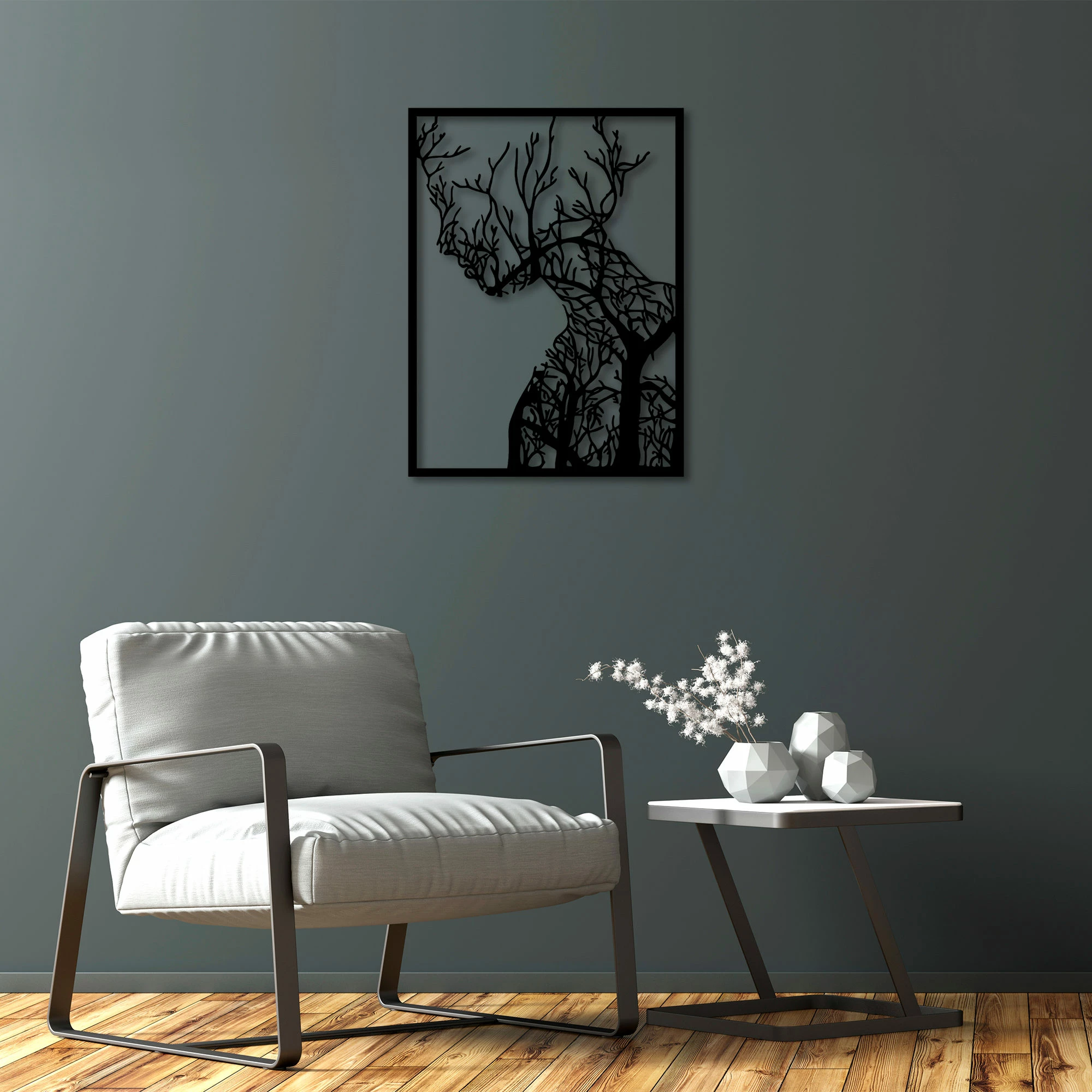 Aksesor dekorativ metalik për mur, Wallity, grua pemë, 52x70cm