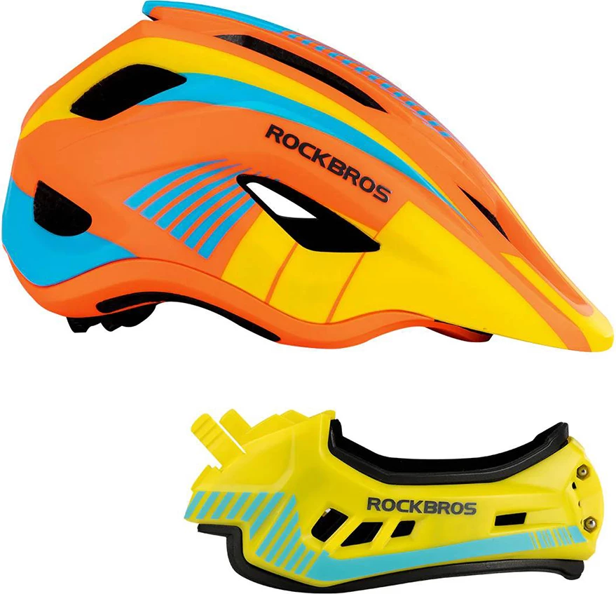 Helmetë biçiklete për fëmijë Rockbros TT-32SOYB-S me mbrojtëse të nofullës, S, verdhë-portokalli