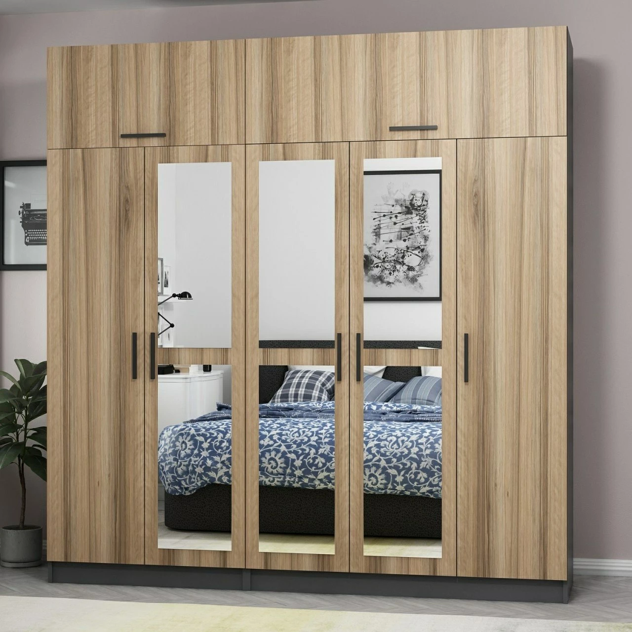 Dollap garderobe, ngjyrë dore, Skye Decor, 225x235x52cm, 9 pjesë