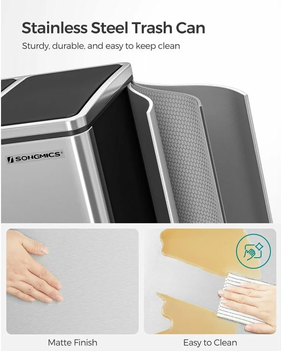 Kosh riciklimi me pedale SONGMICS LTB54NL, 3 x 18 L, 3 ndarje, kapak soft-close, kova të brendshme të heqshme, argjend/zi