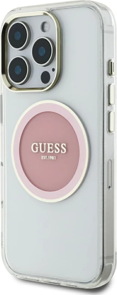 Mbështjellës Guess IML Metal Colored Circle Classic Logo MagSafe për iPhone 16 Pro Max, rozë