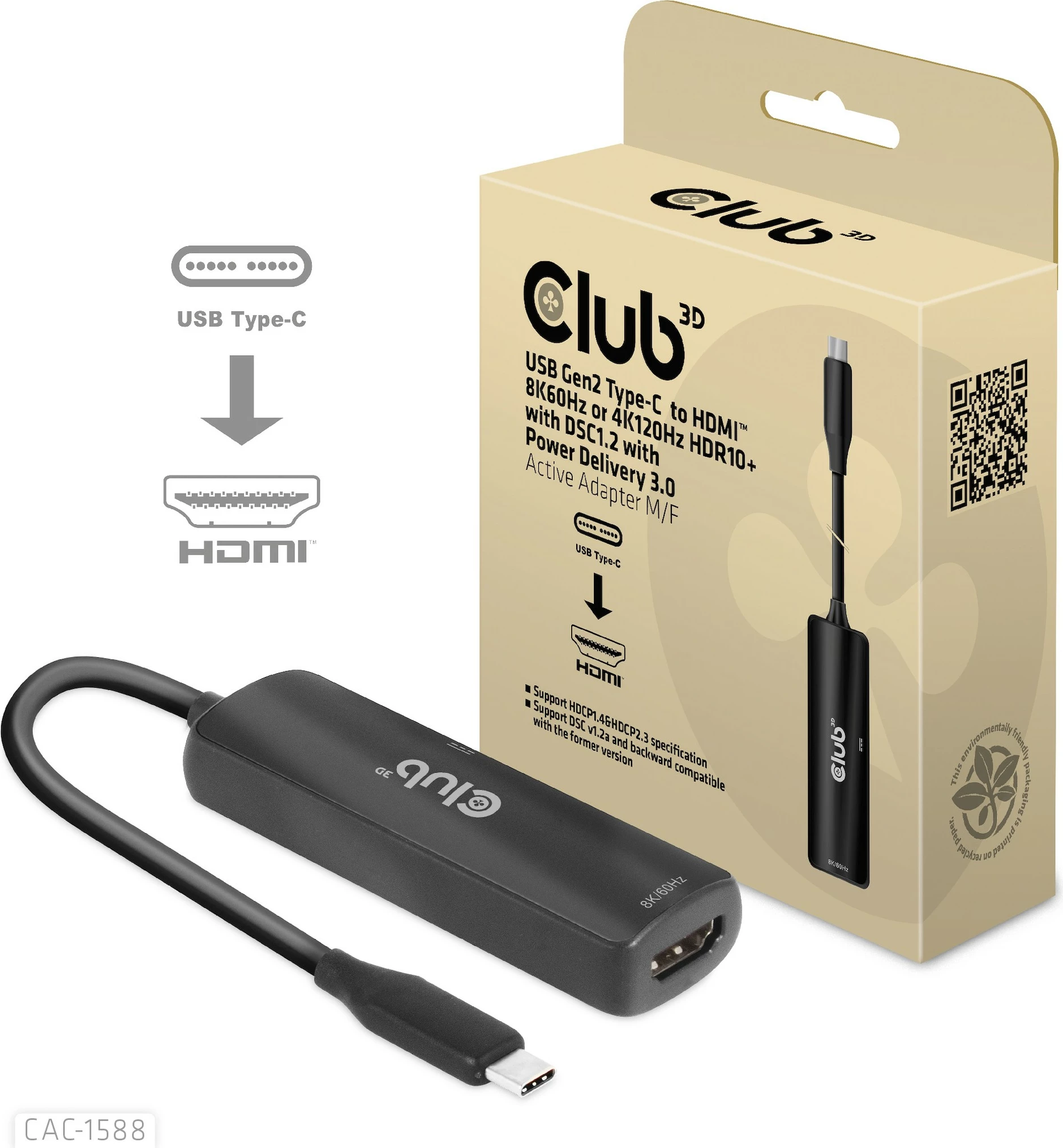 Adapter USB Type-C në HDMI Club3D CAC-1588, 8K60Hz, HDR10+, i zi