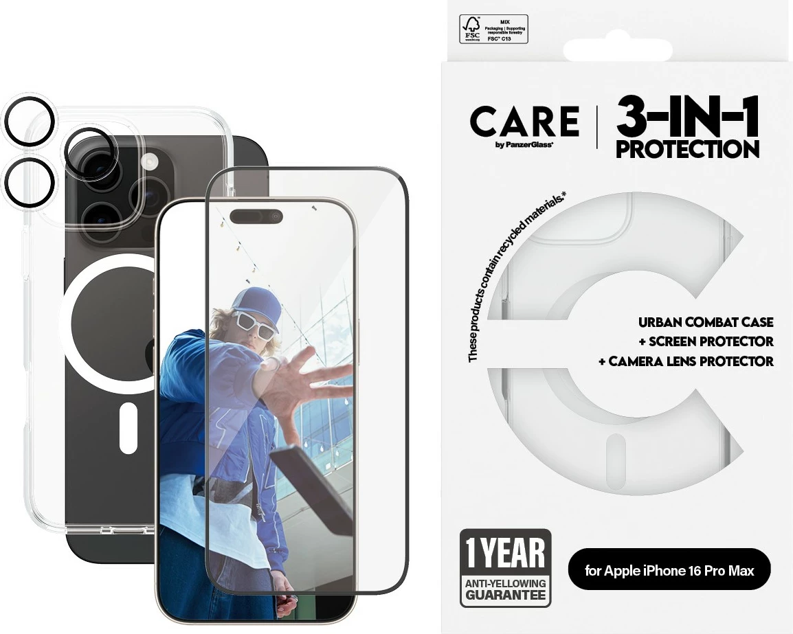 Mbështjellës PanzerGlass CARE 3-in-1 për iPhone 16 Pro Max, transparent
