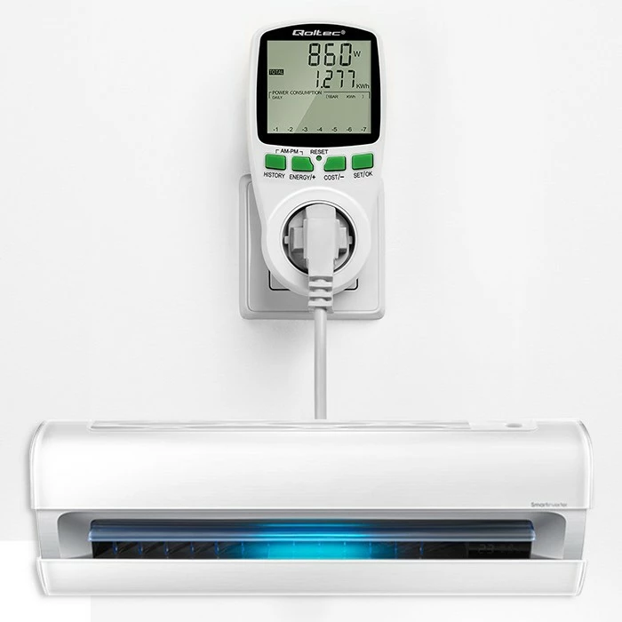 Matës i konsumit të energjisë Qoltec PM0627, 3680W, 16A, LCD, Bardhë