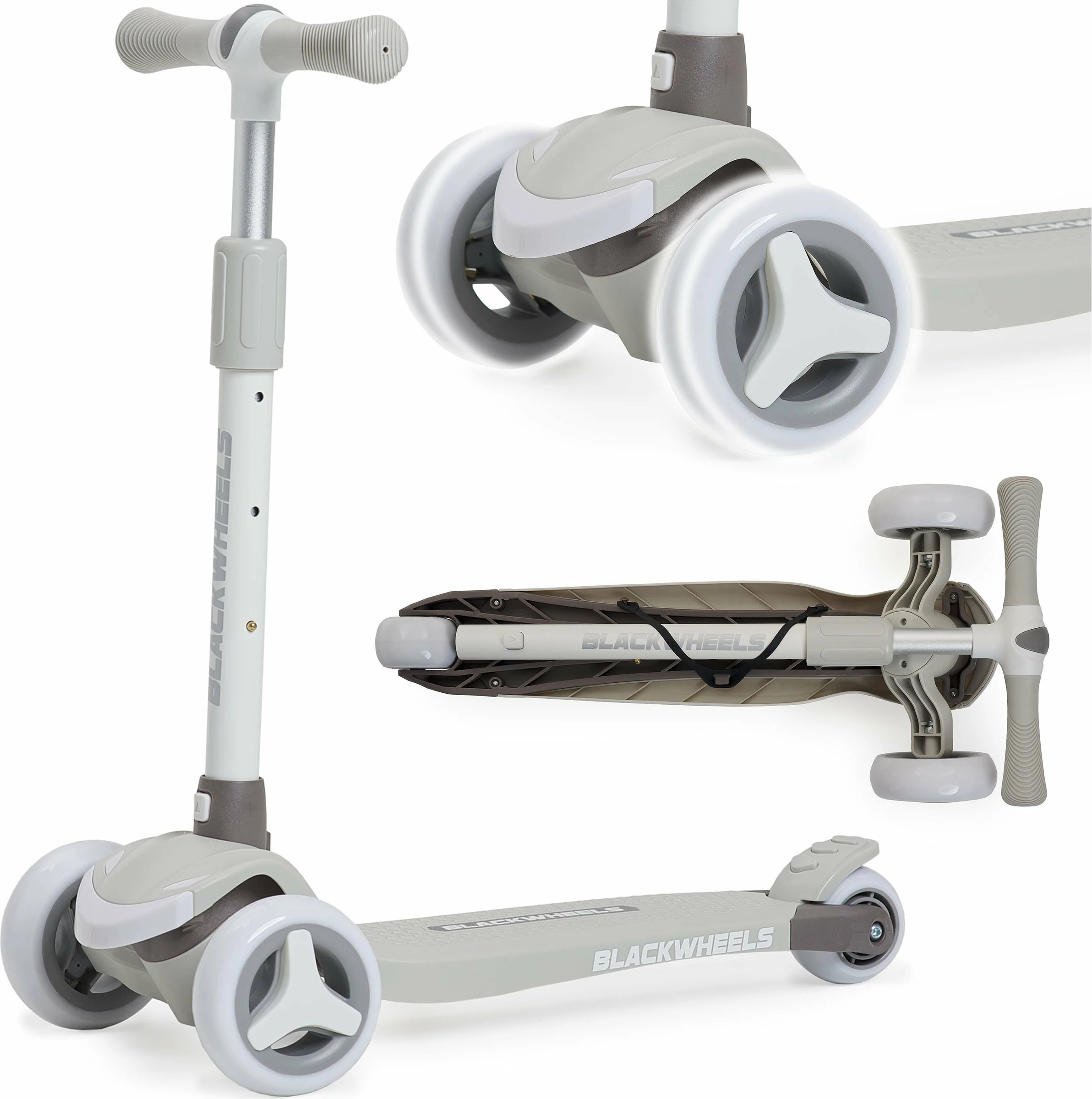 Skuter me 3 rrota Blackwheels Blink, rrota LED 110/70 mm, i palosshëm, timon i rregullueshëm 61-75 cm, bezhë