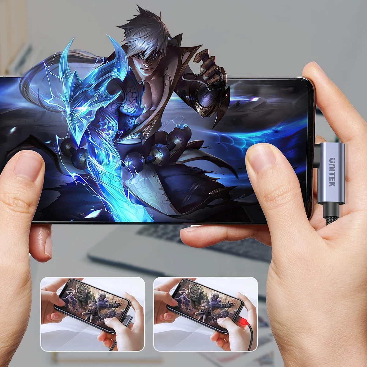 Kabëll USB-C Unitek, 90° PD100W, 1m, zi-gri