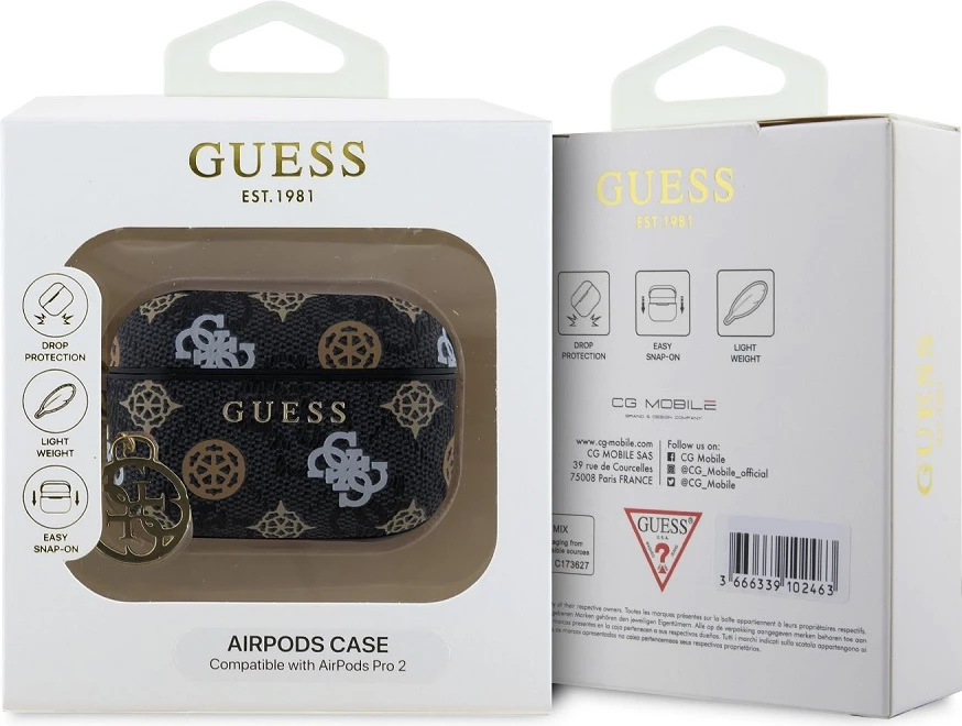 Mbështjellës për AirPods Pro 2 Guess GUAP2P4RPEK, PU 4G Peony Charm, me zinxhir/varëse, 2 pjesë, e zezë