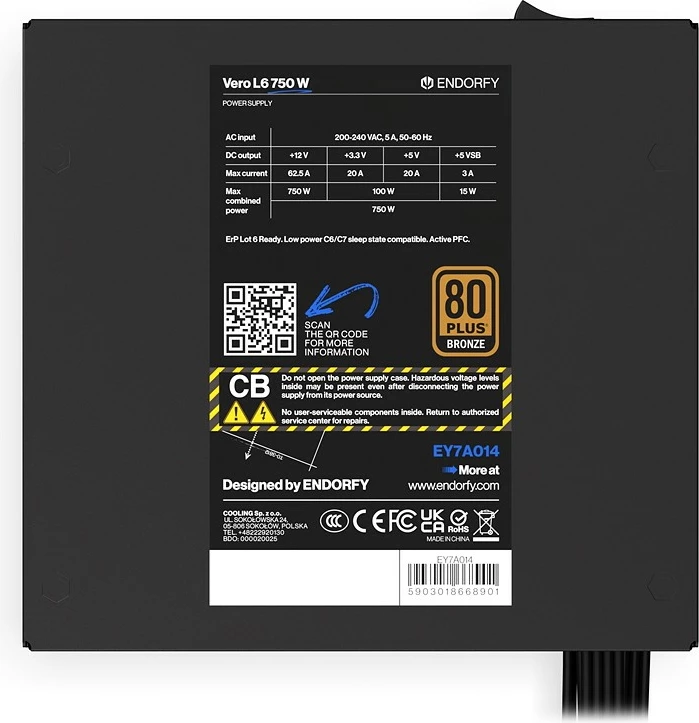 Furnizues energjie ATX, Endorfy Vero L6 EY7A014, 750W 80 Plus Bronze, ATX 3.1, PCIe 5.1 12V-2x6, jo modular, e zezë