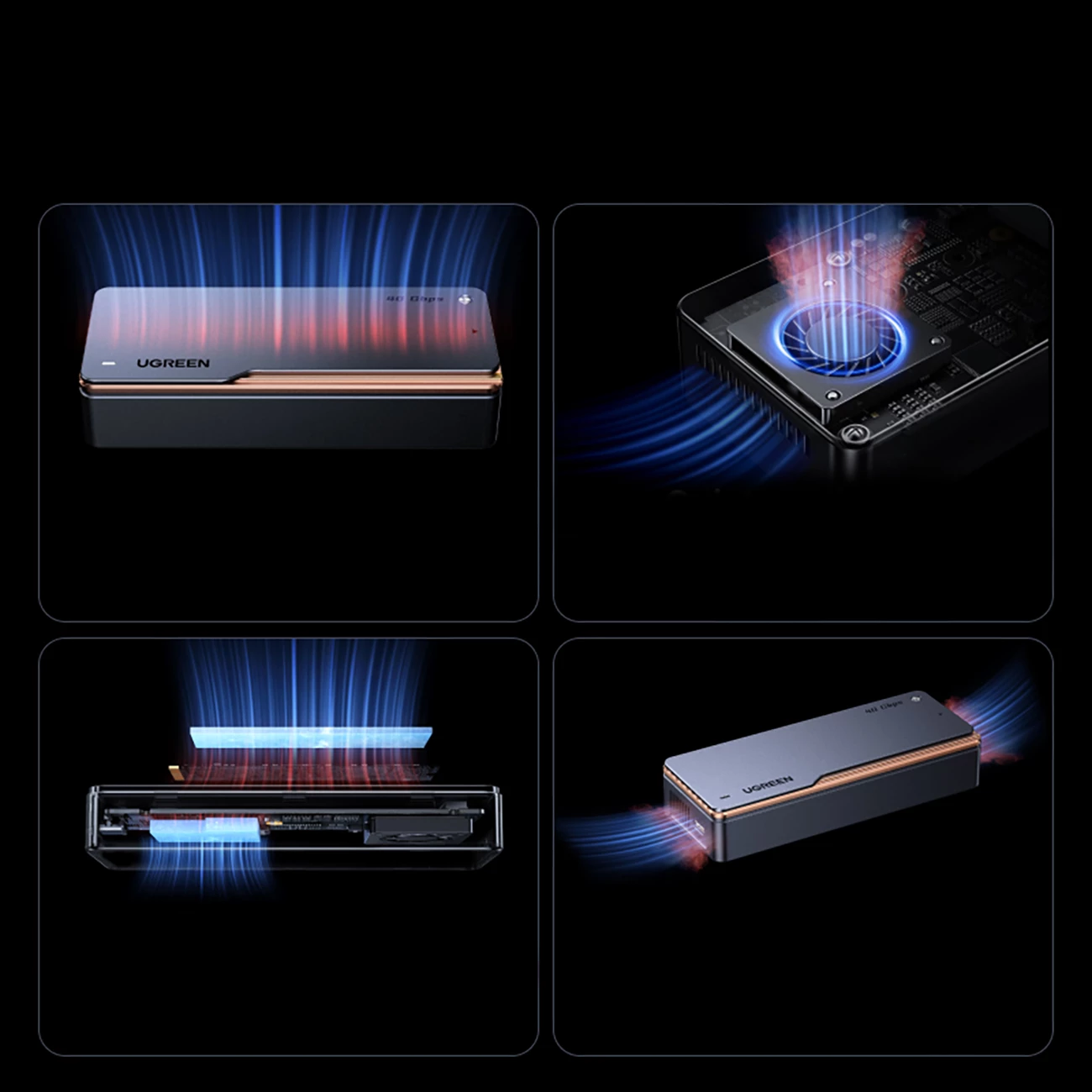 Enclosure USB4 për SSD M.2 NVMe Ugreen D703 40Gb/s, 2280, deri 8TB, me ftohje aktive, Gri, me kabllo USB-C