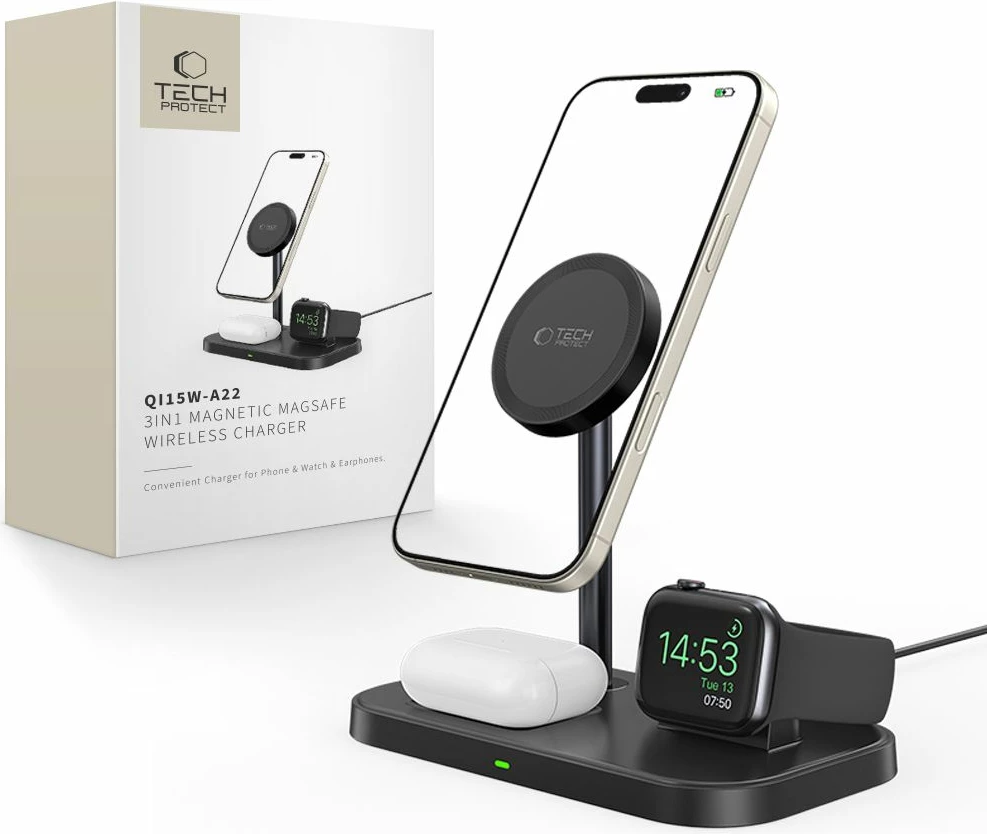 Karikues induktiv 3-në-1 Tech-Protect QI15W-A22 me MagSafe, për smartphone, Apple Watch dhe AirPods, i zi