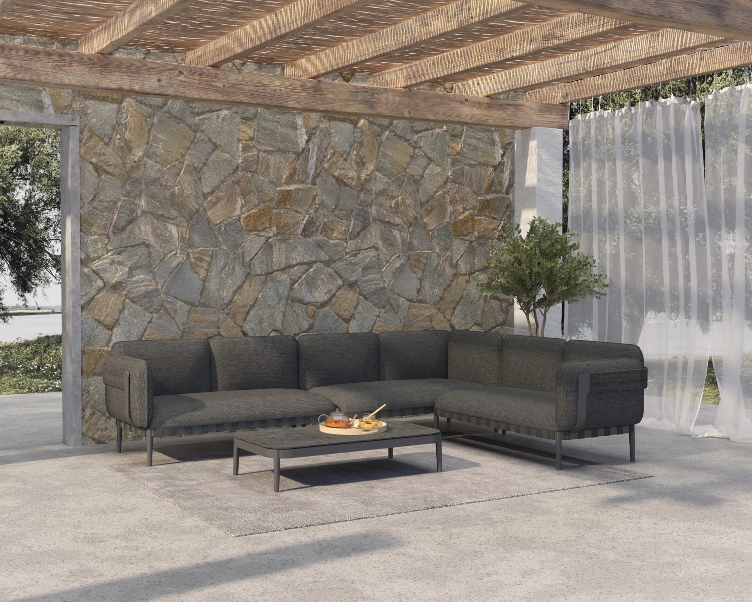 Set lounge për jashtë, 4 pjesë, PEGASUS CD6199.01, alumin, litar, material OLEFIN, ngjyrë gri e errët