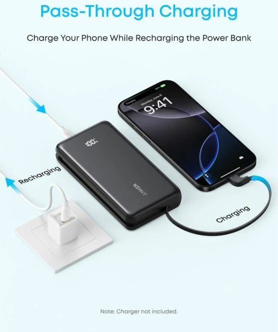 Powerbank Anker Zolo A110E 20000 mAh 22.5W me kabllo USB-C të integrume, e zezë