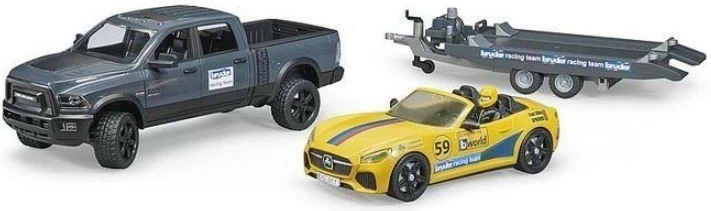 Set lodrash BRUDER Dodge RAM 2500 Power Wagon me rimorkio dhe veturë Roadster Racing Team, 1:16, zi/gri/verdhë