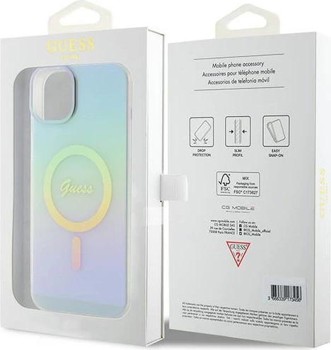 Mbështjellës Guess GUHMP15MHITSQ për iPhone 15 Plus 6.7", IML Iridescent MagSafe, kaltër