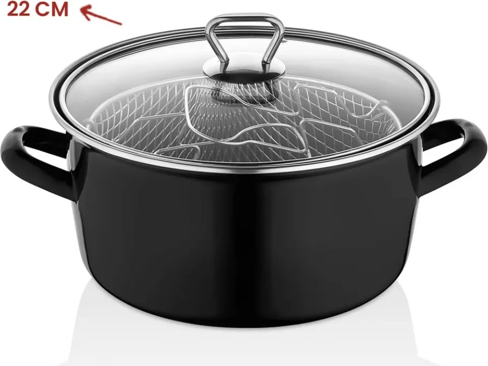 Tenxhere Hermia, emajl, e zezë, kapak qelqi, shportë inoksi, 22cm, 3500ml