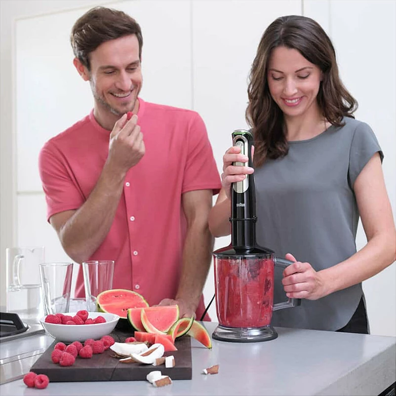 Blender zhytës Braun MultiQuick 9 MQ 9147X, 1200 W, set me grirës, rrahëse dhe shtypës patatesh, inox/zi