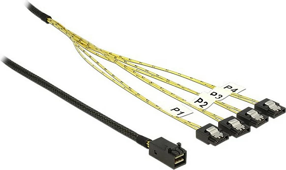 Kabllo DeLOCK 83393 Mini SAS HD (SFF-8643) në 4x SATA, 1 m, zezë/argjendtë