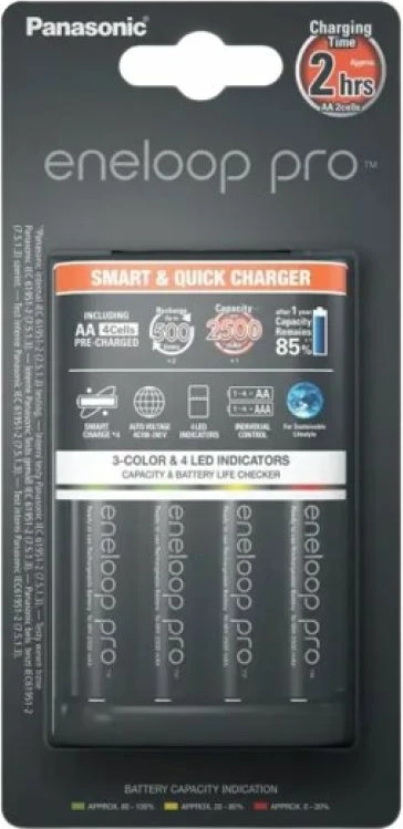Karikues baterish Panasonic SmartPlus me 4 bateri AA Eneloop Pro 2500 mAh, i zi