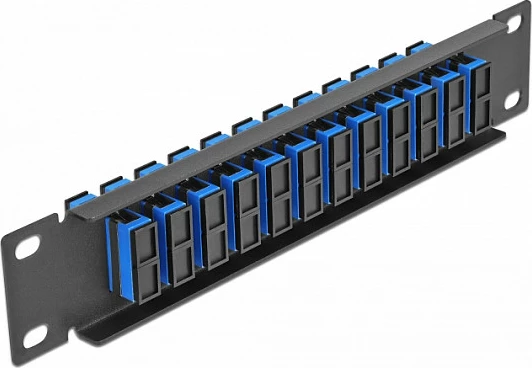 Panel patch fiber optik DeLOCK 10" 12-port SC Duplex, 1U, për rack, i zi/blu