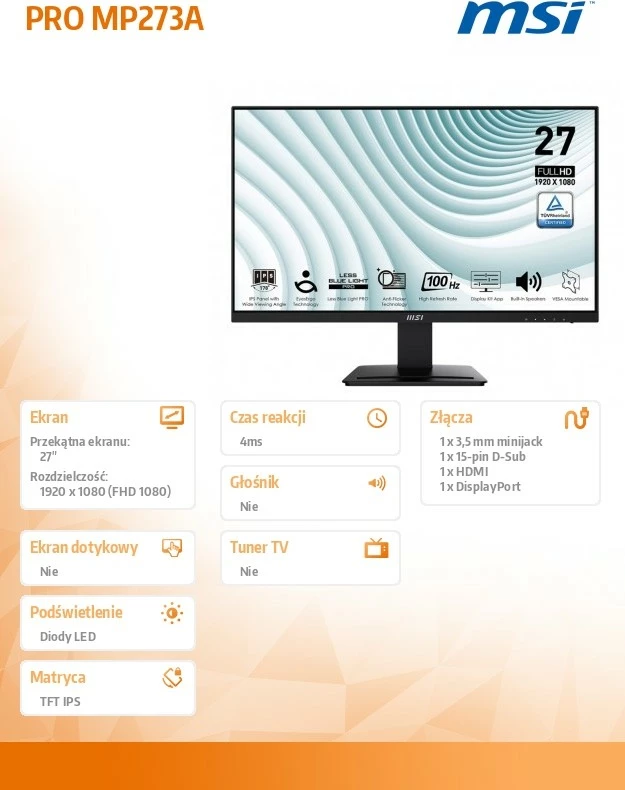 Monitor MSI PRO MP273A, 27", FHD, 100Hz, IPS, i zi