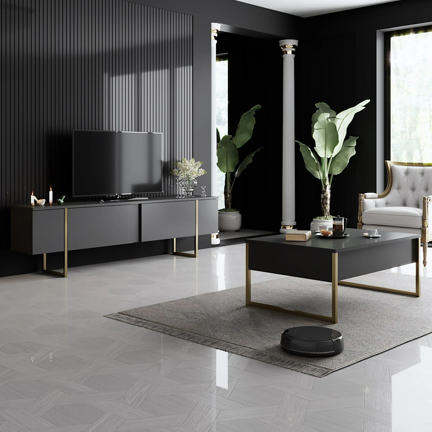 Set mobiljesh për dhomë dite, Luxe, antracit dhe ari