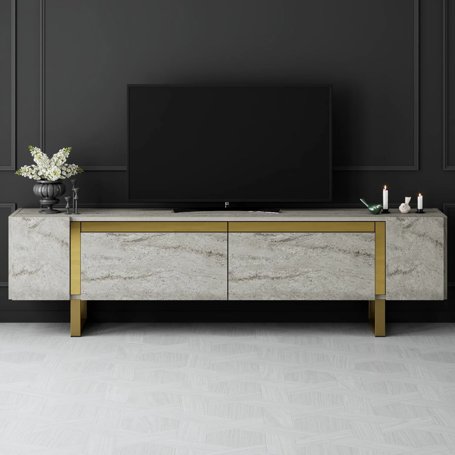 Komodë TV Hanah Home, Yildiz, travertin dhe ari
