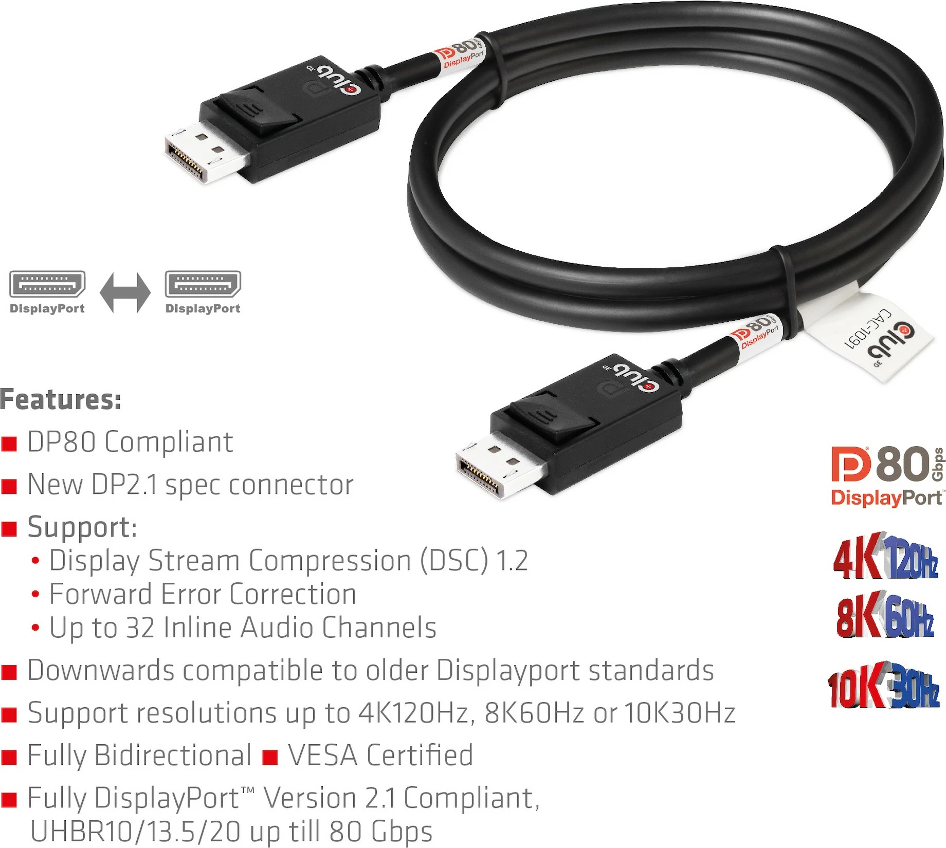 Kabllo DisplayPort Club3D DP 2.1, 1.2m, e zezë