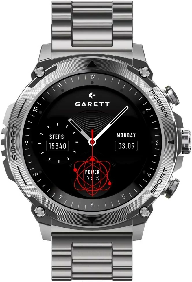 Smartwatch Garett Atom 1.43\" AMOLED, Bluetooth thirrje, IP68, 370 mAh, argjendtë, set me rrip shtesë silikonik