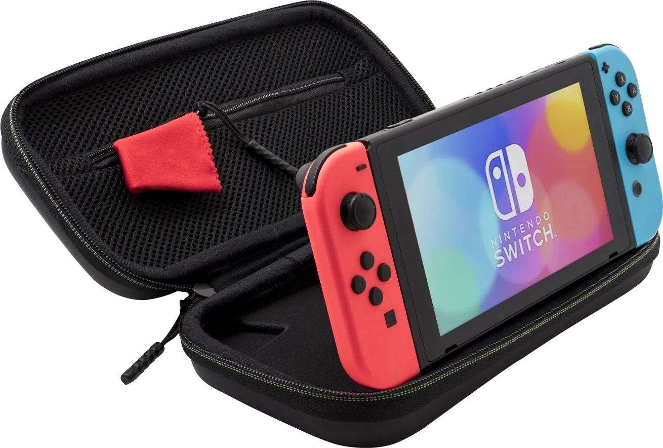 Kasë udhëtimi PDP Nintendo Switch Travel Case Plus 1-Up Glow in the Dark, me mbajtëse të integrume, e zezë/jeshile