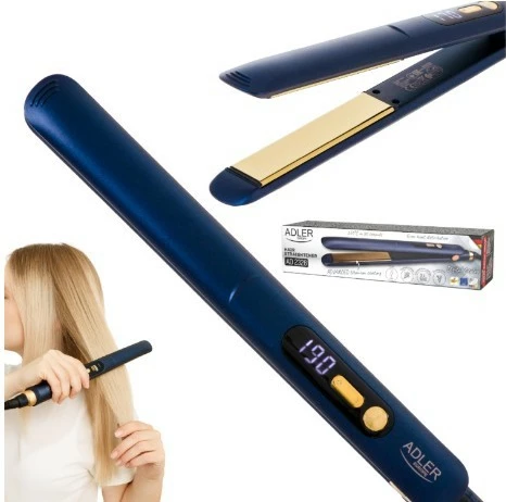Drejtues flokësh Adler AD 2328, pllaka titan 25x110 mm, 150–230°C, 50 W, ngrohje e shpejtë, ekran LED, kabllo 360°, Gold/Navy blue