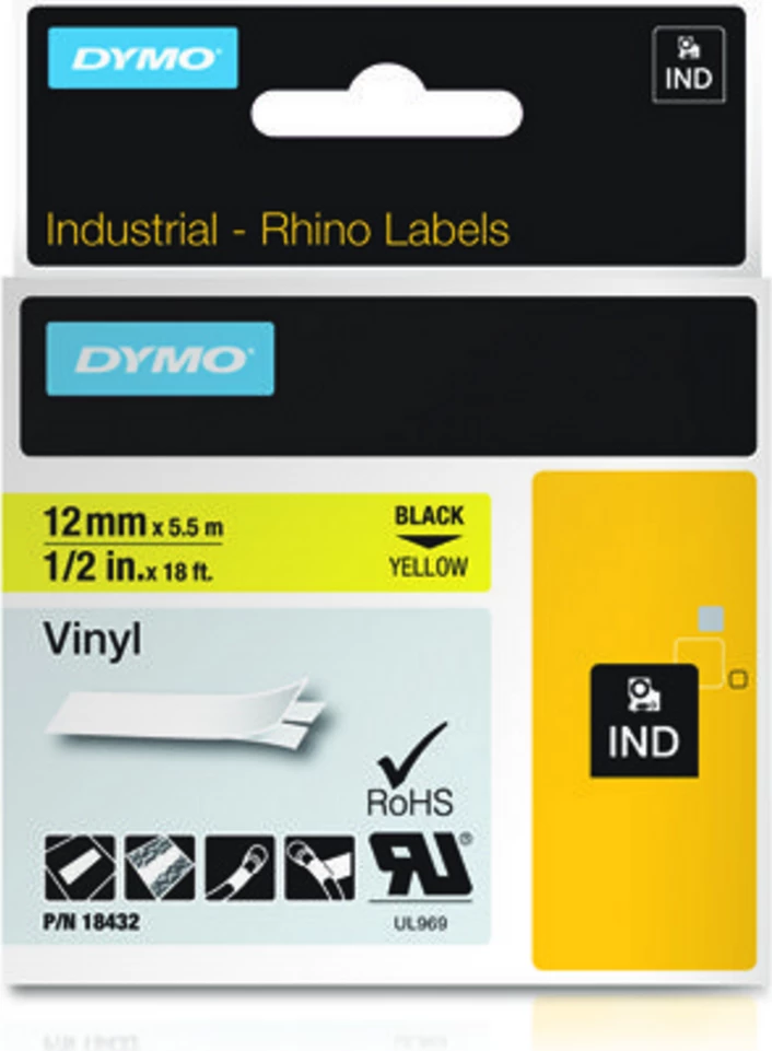 Ribon etiketa vinil, Dymo, 18432 Rhino Industrial, 12mm x 5.5m, madhësi L, e zezë mbi të verdhë