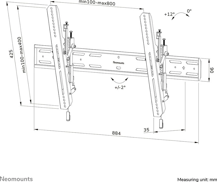 Mbajtës muri për TV Neomounts WL35S-850BL18, 2.18 m (86"), 100 x 100 mm, 800 x 400 mm, 0 - 12°, Çelik, E zezë