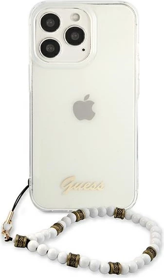 Mbështjellës Guess GUHCP13LKPSWH për iPhone 13/13 Pro 6.1", Transparent, me varëse perlë